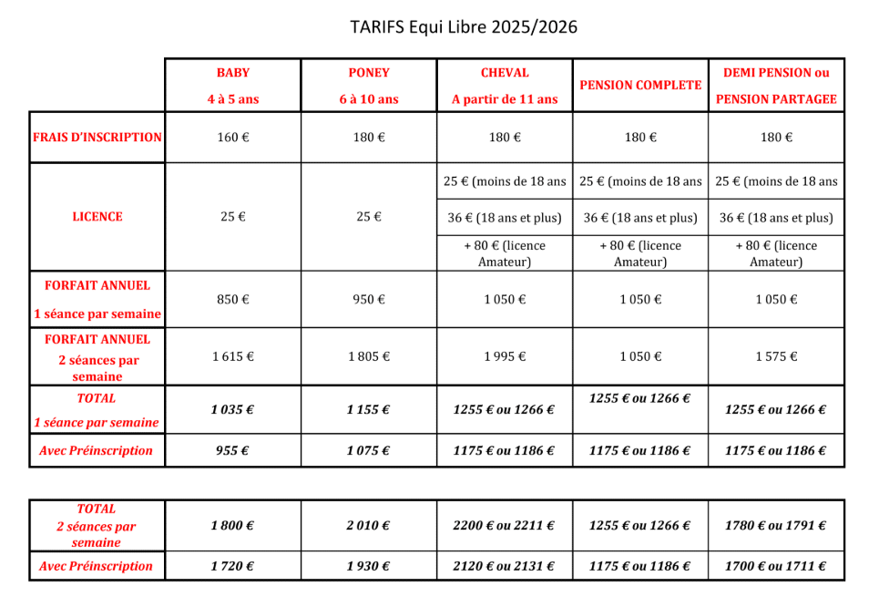 tarifs 2025 / 2026