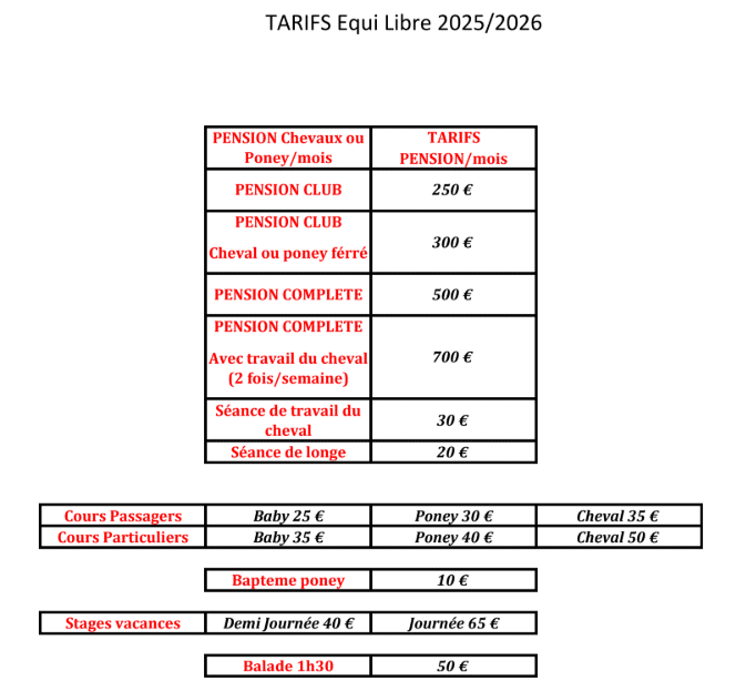 tarifs 2025 / 2026